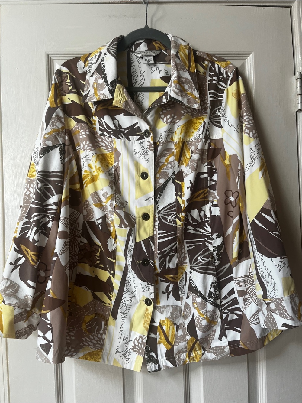 Allison Daley Women's Yellow Brown Patterned Button-Front Shirt Jacket